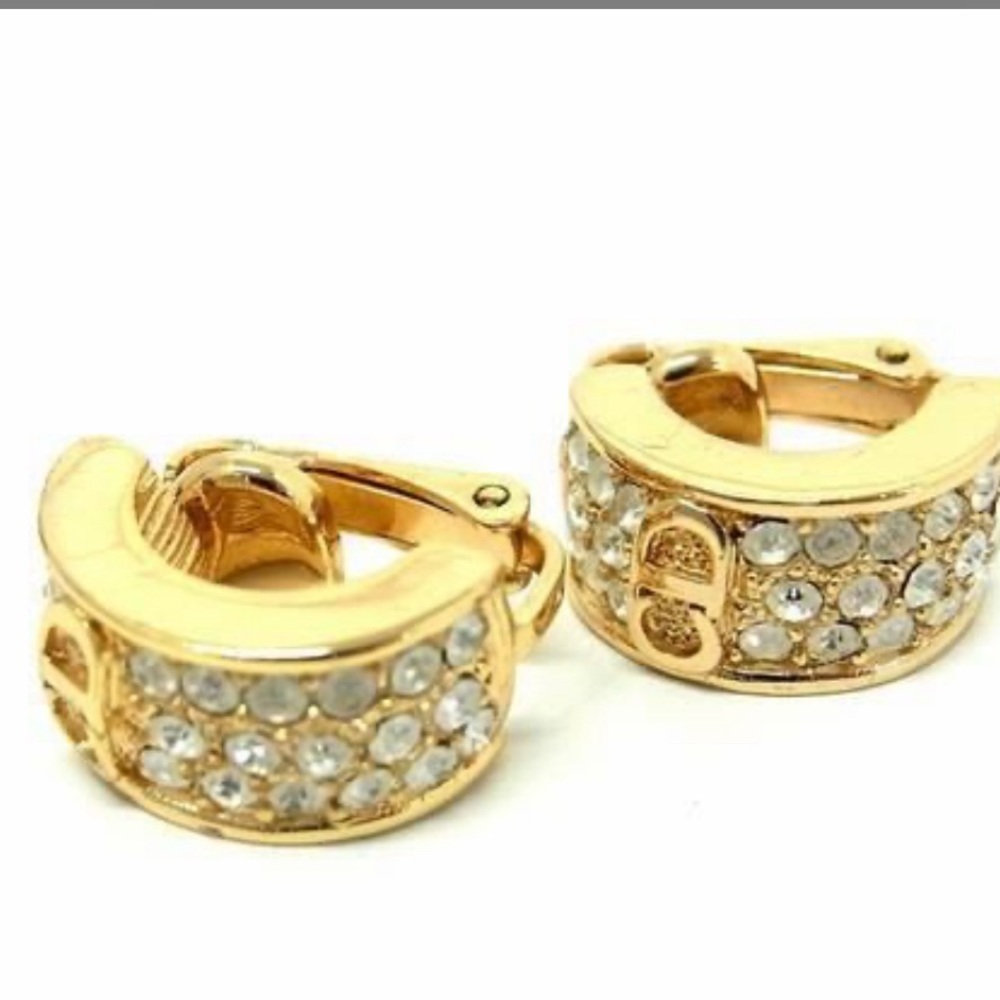Christian Dior Gold Rhinestone CD clip on Earrings vintage